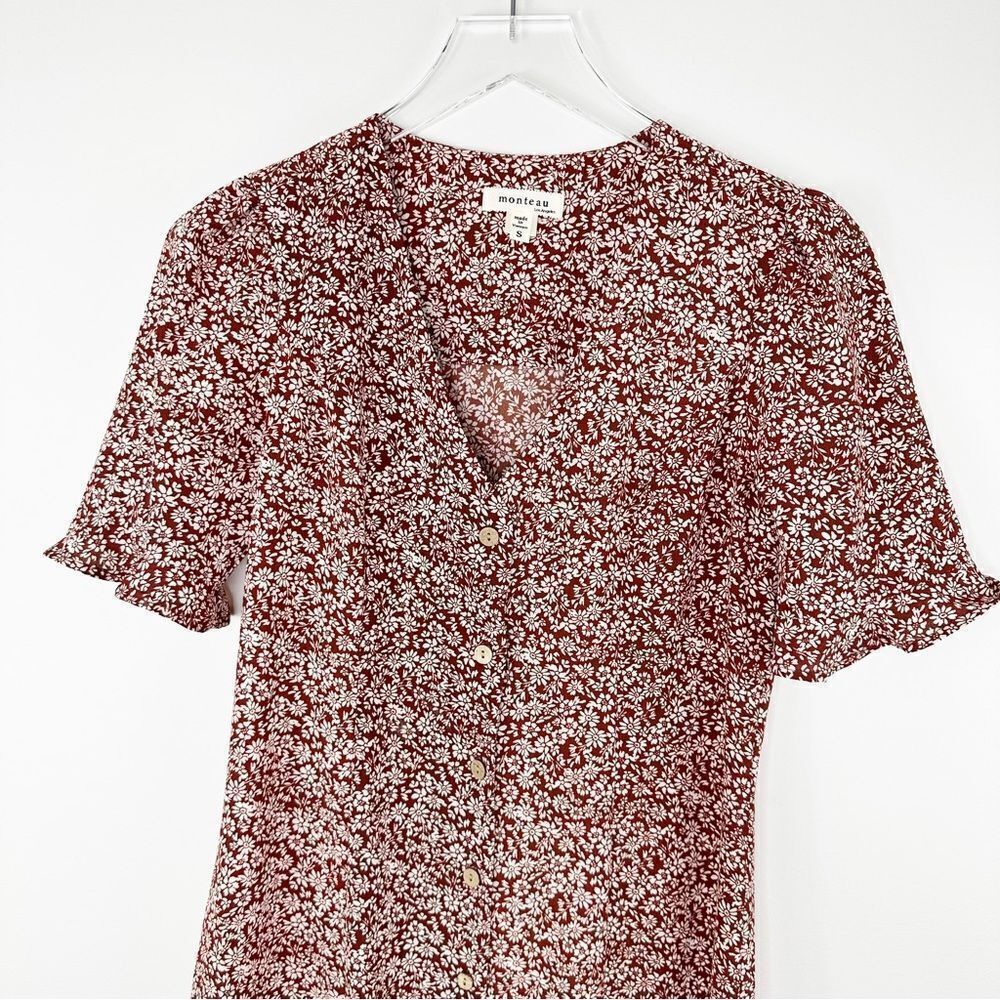 Montreal Rust Colored Patterned Button Up Ruffle‎ Short Sleeve Peasant Dress - Picture 3 of 14